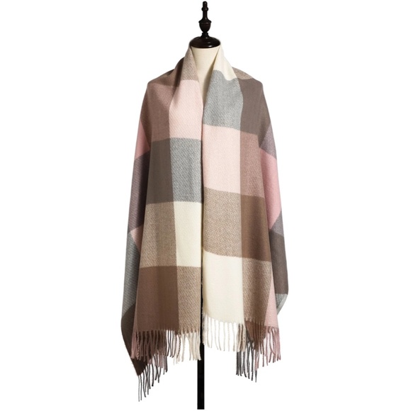 Colorblock Plaid Pastel Colors Wide Scarf Shawl Pink Beige Tan Cream Fringe - Picture 5 of 6